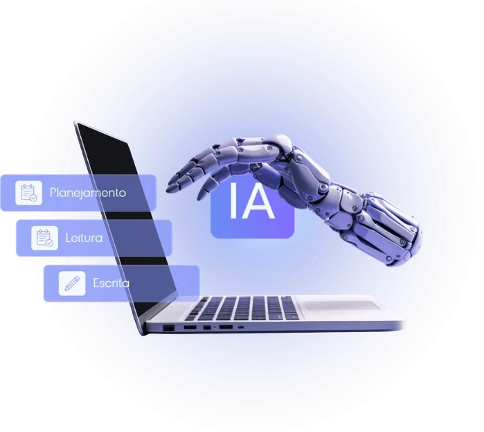 Ilustração de inteligência artificial aplicada à pesquisa acadêmica, com etapas de planejamento, leitura e escrita (Semana Acadêmica).